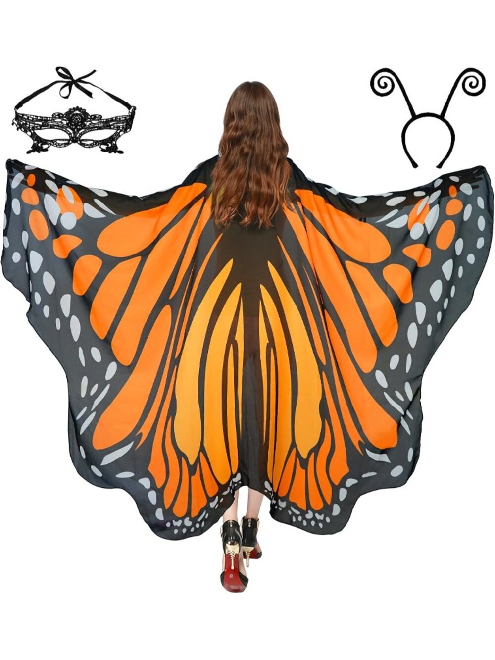 Women's Adult Butterfly Costume Monarch Butterfly Wing Cape 3Pcs Mask Halloween8